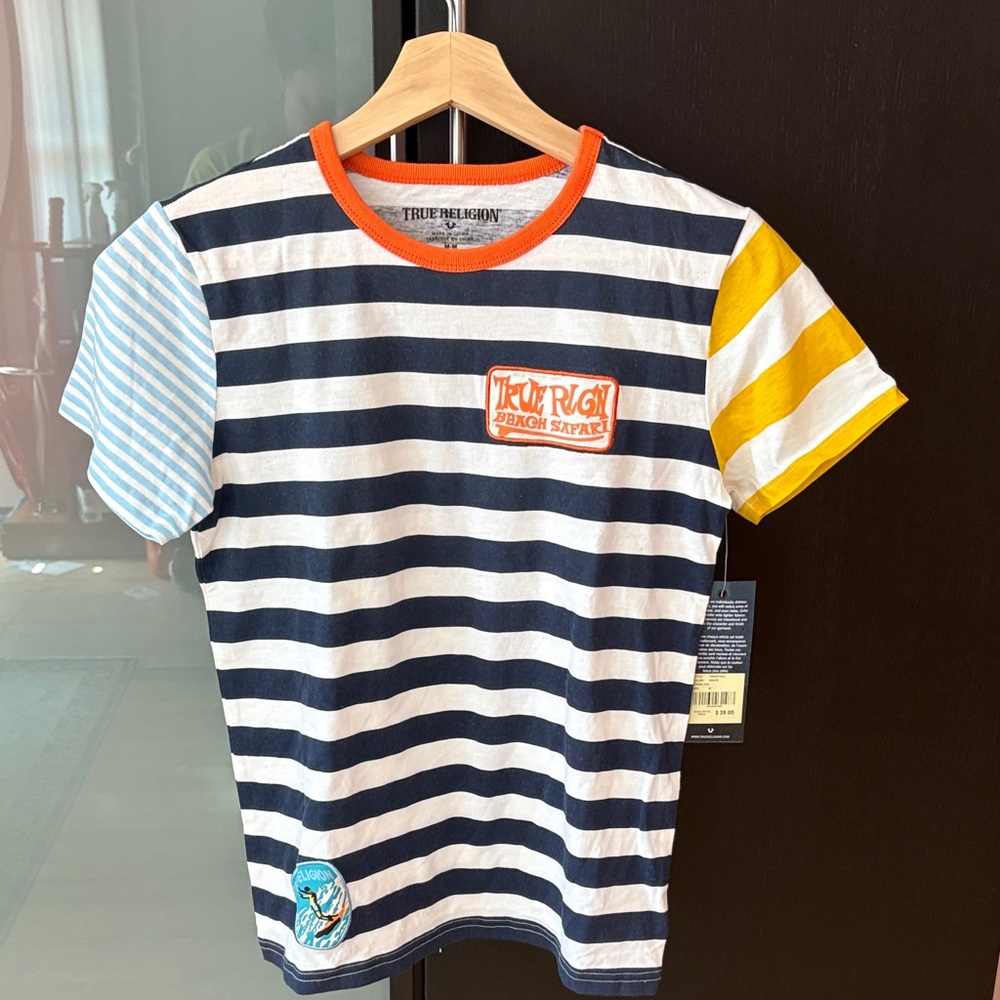 True Religion Kids Navy and Yellow Striped Tee Size M NWT